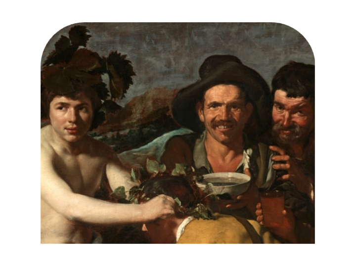 Ampliación del cuadro "Los Borrachos" de Velazques. Se muestran tres personajes, Baco y dos hombres ebrios, uno de ellos con signos de posible rubor etílico