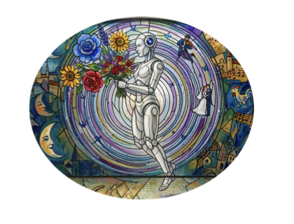 Robot levitando con ramo de flores estilo vidriera de Chagall